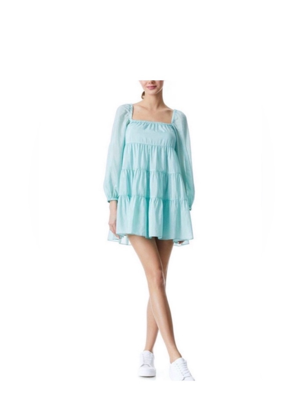 NWT Alice + Olivia Mint Blue Tiered Mini Dress with Puff Sleeves Size S